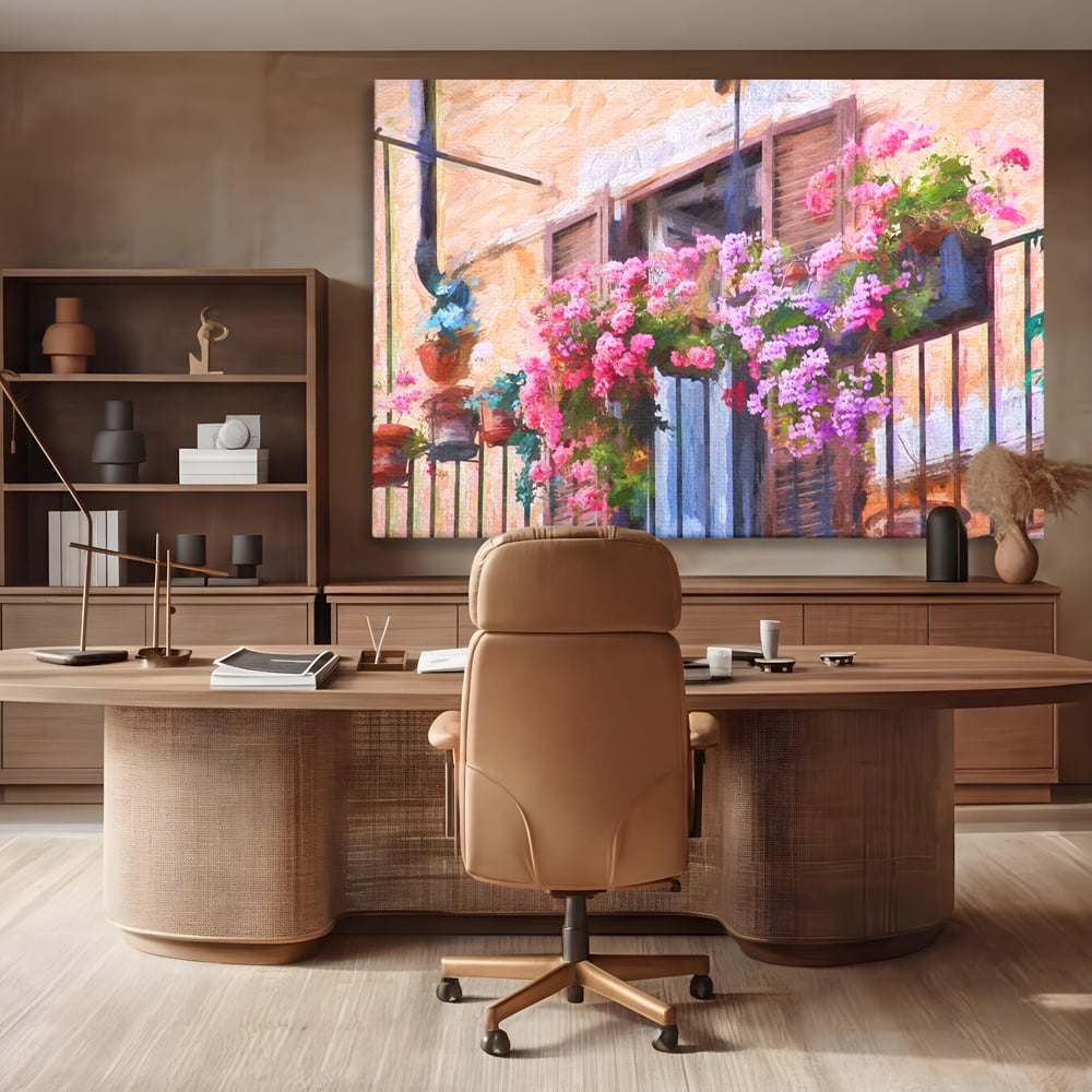 Tablou canvas cu pictura cu balcon plin de flori roz, fara rama, pe sasiu de lemn, pe perete intr-un birou